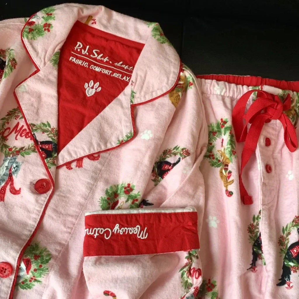 Women's Pajamas Set Cute Cartoon Print Sleepwear Elegant Top&pants 2Pcs Soft Cotton Pyjama Pour Femme Nightwear Loungewear