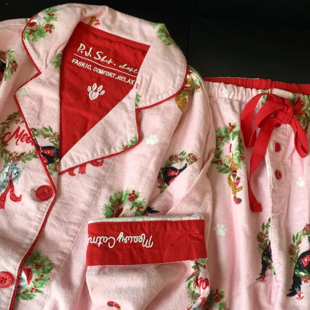 Women's Pajamas Set Cute Cartoon Print Sleepwear Elegant Top&pants 2Pcs Soft Cotton Pyjama Pour Femme Nightwear Loungewear