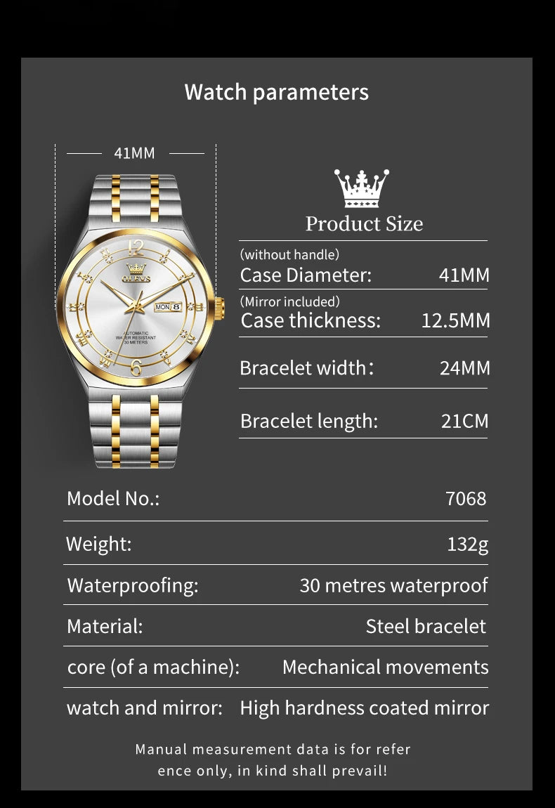 OLEVS 7068 Mens Watch Original Automatic Menchanical Wristwatch Waterproof Luminous For Men Sport Date Dual Calendar Design