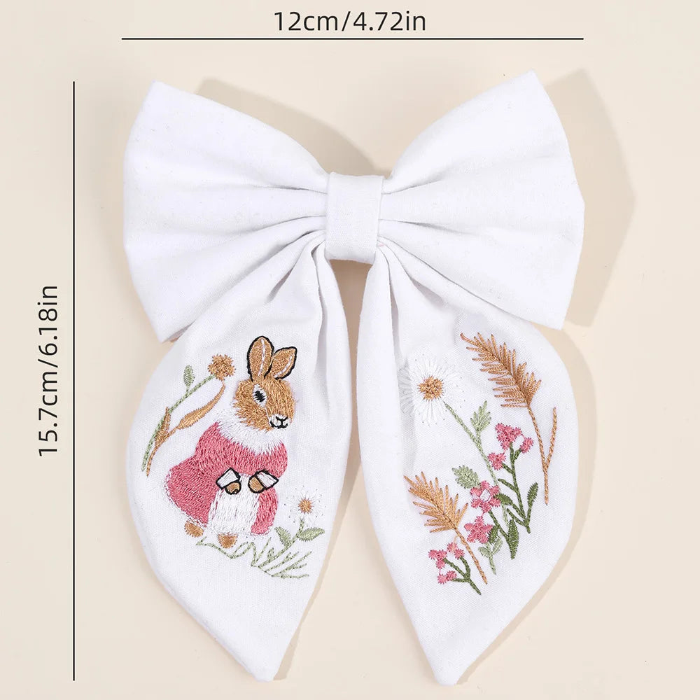 Rabbit Embroidery White Bow Hair Clip Sweet Girls Bunny Bowknot Hairpin Handmade Fabric Kids Cute Headdress Headwear Accessories