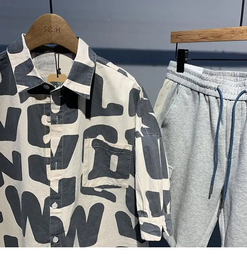 2024 Summer Trendy Men's Fashionable Lapel Full Body Letter Print High-end Versatile Casual Loose Oversized Short Sleeved Shirt
