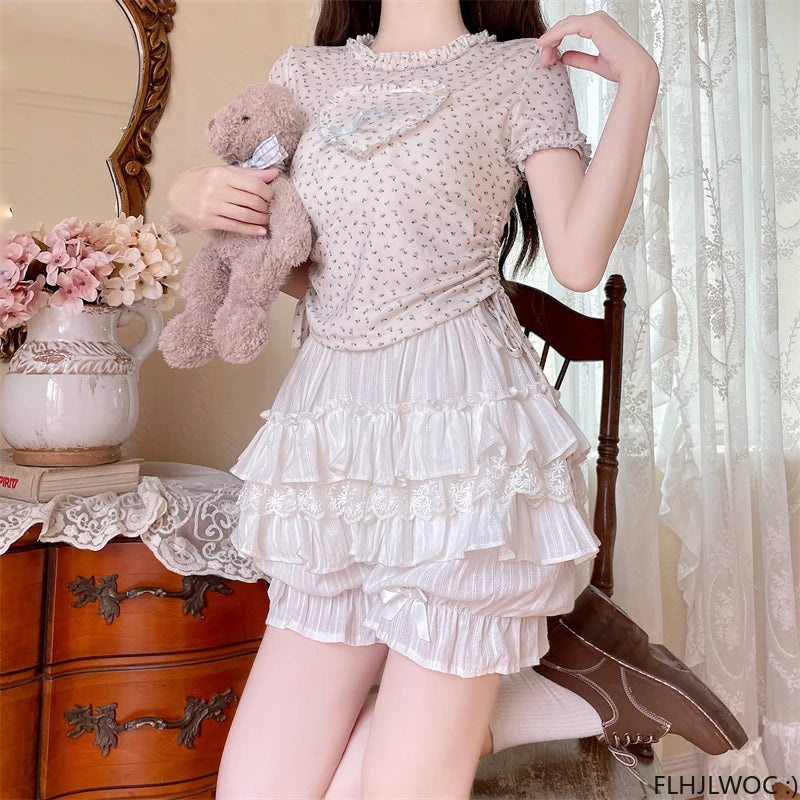 Cotton Bloomers Lolita Style Girls Cute Sweet Japan Sexy Lace Date Princess Pink Layer Puff Shorts Ruffles Lantern Small Pants