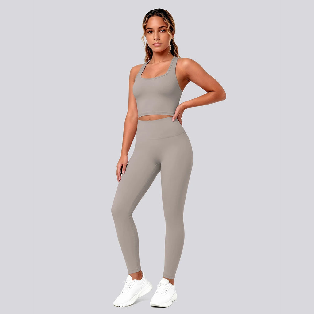 2PCS Solid Color Yoga Set for Woman's Gather Beautiful Back I-shaped Vest Shock-absorbing Running Yoga Tank Top Push Up Pants