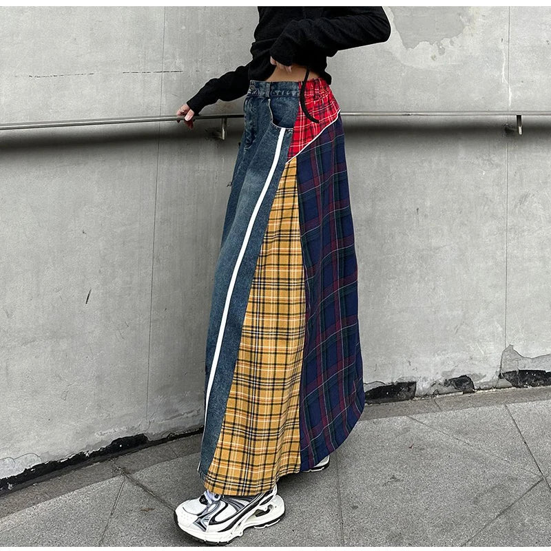 High Fashion Denim Skirt Women Elastic High Waist A-Line Long Skirt Female Colorful Patchwork Plaid Jean Skirt