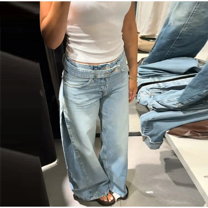 2026 Spring Low Waist Pleated Wide Leg Jeans Light Wash Raw Edge Double Waistband Casual Women Pants Trendy Y2K Lady Trousers