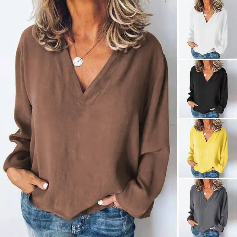 Women's Stitching Shirt Loose Stitching V-neck Long Sleeve Pullover Chiffon Shirt Fall Top Simple Elegant Street Blouse