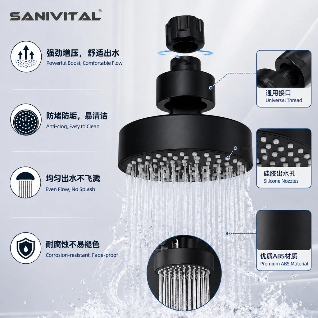 SANIVITAL High Pressure Rain Shower Head 4 Inch Matte Black Bathroom Showerhead G1/2 Universal Shower Head