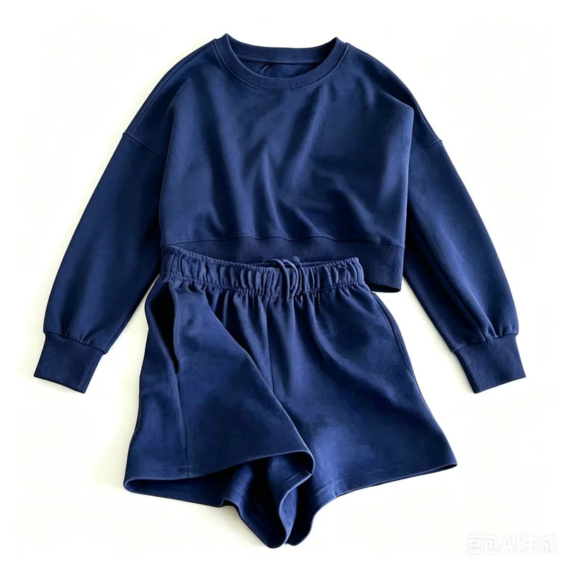spring summer Womens Round neck long sleeve Sweatshirt Two Piece Set Casual Sweatshirt+shorts suit Daily Womens Tracksuit