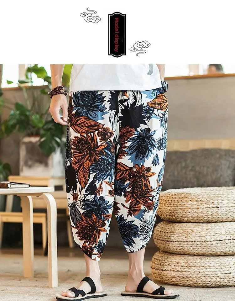 Men's Casual Cotton Linen Seven-Foot Pants Summer plus Size Lantern Loose Fit Shorts Harlan Style Comfortable Breathable Leis...