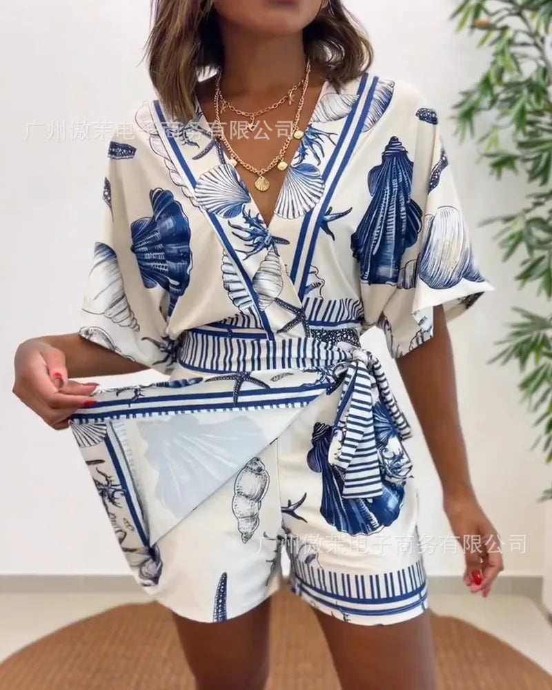 Women V Neck Beach Printed High Waist Stretch Jumpsuit Shorts Overall Playsuit