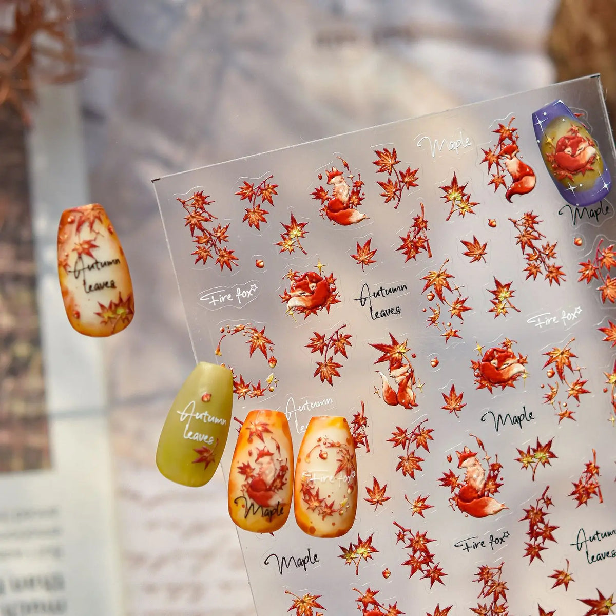 Autumn Maple Leaf Red Fox Lovely 5D Embossed Self Adhesive Nail Art Stickers Rabbit Mushroom Animals Fall Cute Manicure Decals