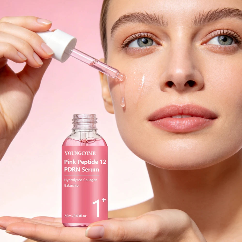 Serum YOUNGCOME Pink Peptide 12PDRN Serum with Hydrolyzed Collagen & Bakuchiol, Lightweight Daily Facial Care for All Skin Types