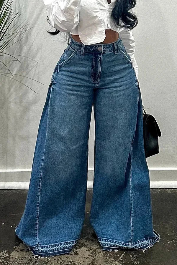 QICHE European American Women Y2K Blue Washed Patchwork Flare Jeans Loose Tassel Floor-Length Wide Leg Denim Pants