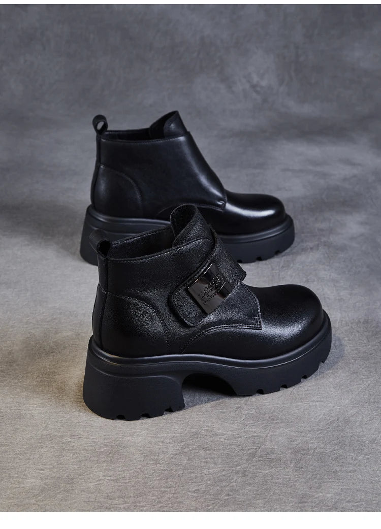 DRKANOL Wide Head Design Women Platform Boots Autumn Winter Warm Thick High Heel Hool And Loop Metal Genuine Leather Ankle Boots