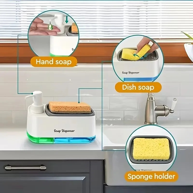 Kitchen Sink Organizer Set 3-in-1 Soap Dispenser with Dual Pump and Sponge Holder Space-Saving Cleaning Storage for Countertops