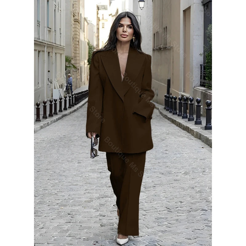 Chic Loose White Single Breasted Women Pants Set New Female Two Pieces(Blazer+Trousers) conjuntos femininos elegantes