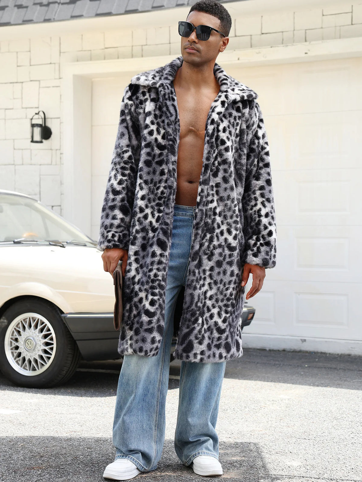 Men Faux Fur Coats Leopard Jackets Color Blocked Turn Down Collar Long Sleeve Single Breasted Straight Casual 2025 Autumn Winter