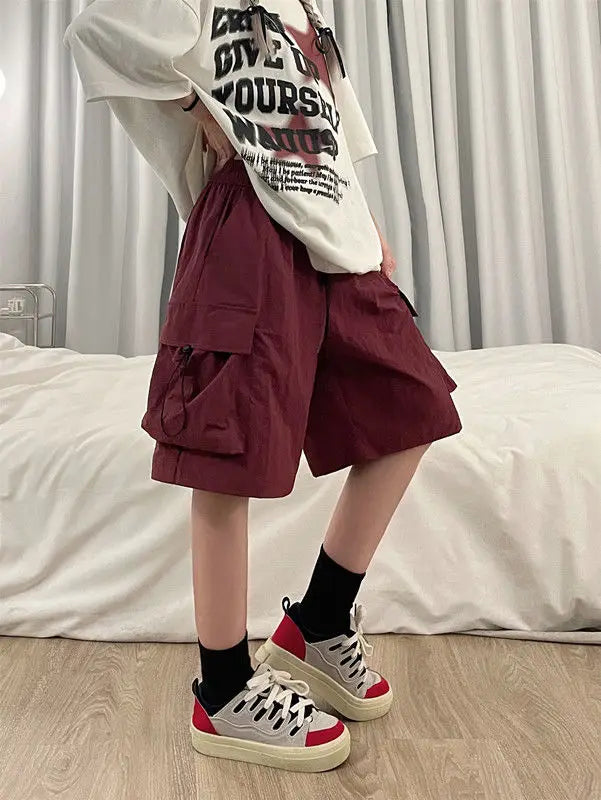 Women High Waist Cargo Shorts American Style Streetwear Summer Wide Leg Pants Fashion Female Big Pocket Loose Shorts