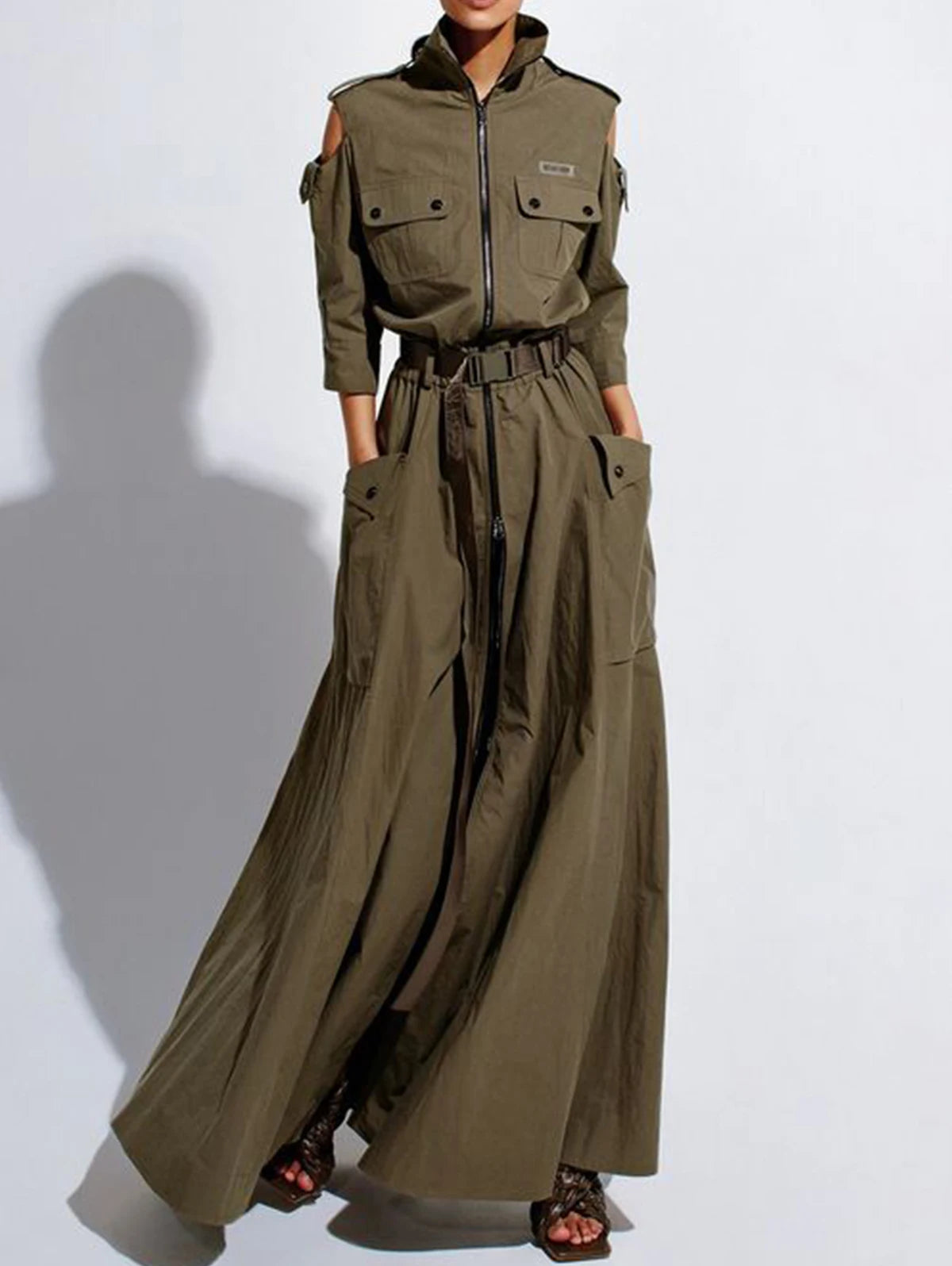 Summer Dress for Women 2026 Retro Turn-down Collar Cold Shoulder Half Sleeve Zipper Belt Pockets Split High Waist Maxi Dresses
