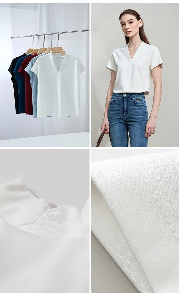 AMII Minimalism 2026 Summer Women's T-shirt Classic Style Casual V-neck Short Sleeve Solid Stretch Female Tops & Tees 12312013