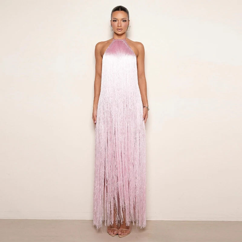 Party Women's Dress Halter Sleeveless Backless Tassel Solid Female Long Holiday Dresses 2026 Summer Fashion Elegant Lady Robe