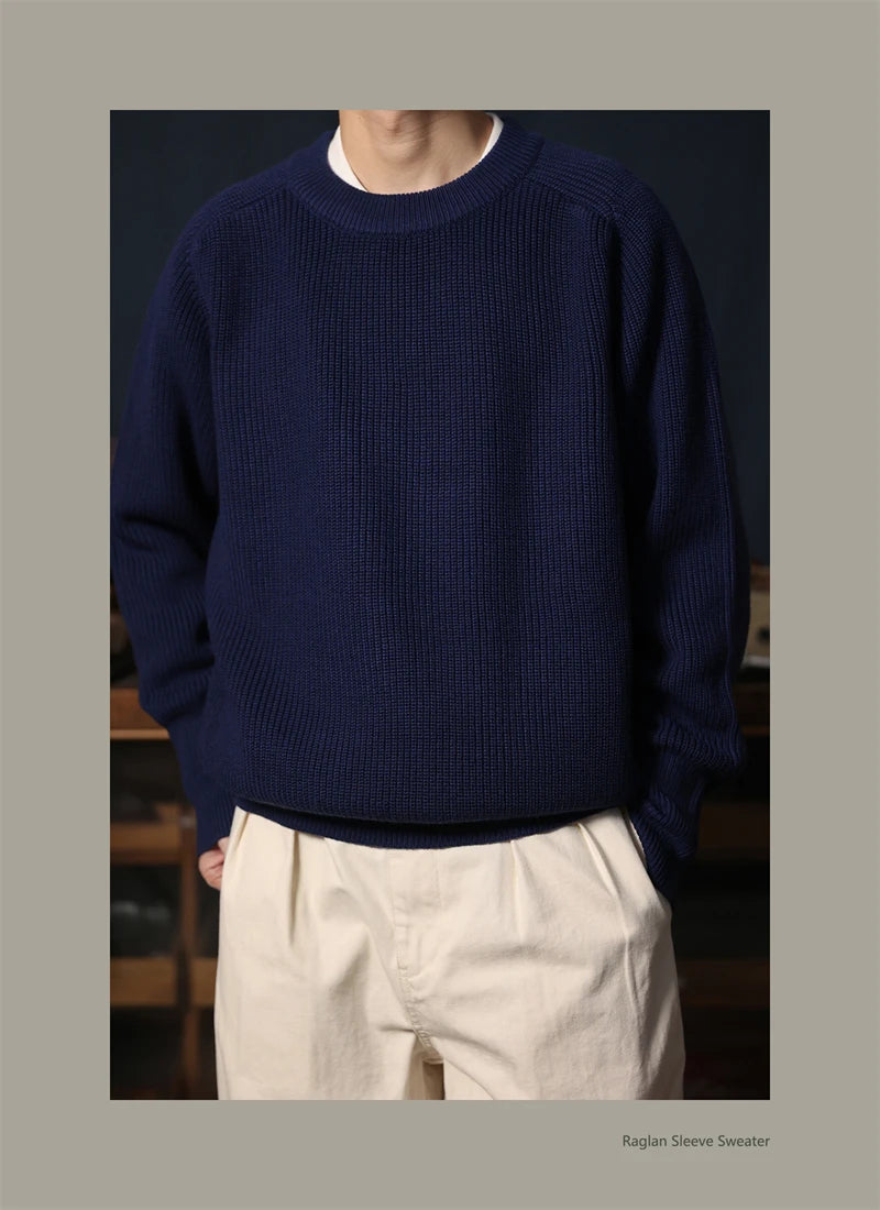 Classic Raglan Sleeve Crewneck Sweater Vintage Style Men's Wool Blend Knitted Pullover Jumper Thick