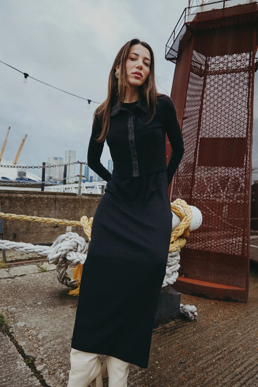 AS AW25 new design ribbing cardigan with denim collar + sleeveless maxi dress matching set for woman clothes