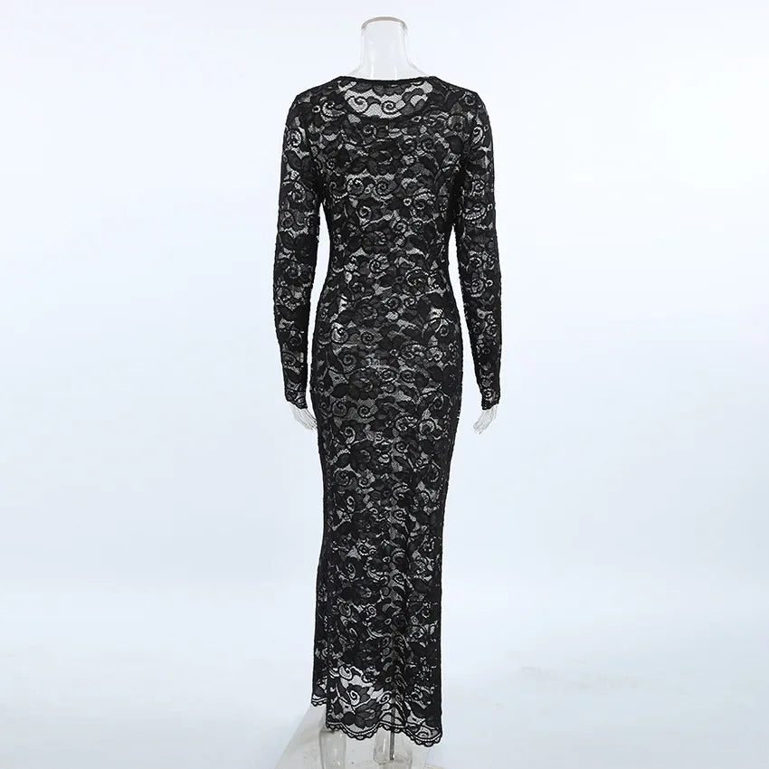 BKLD Sexy Black Lace Fishtail Dress 2026 Autumn Round Neck Bodycon Long Dresses Evening Party Clubwear Clothes For Women