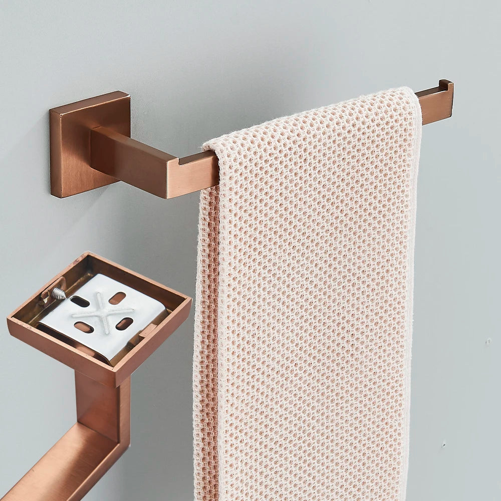 Rose Gold Bathroom Accessories Set Hardware Paper Holder Towel Bar Rack Rail Rod Robe Hook Hanger Wall Mount Brushed Rose Gold