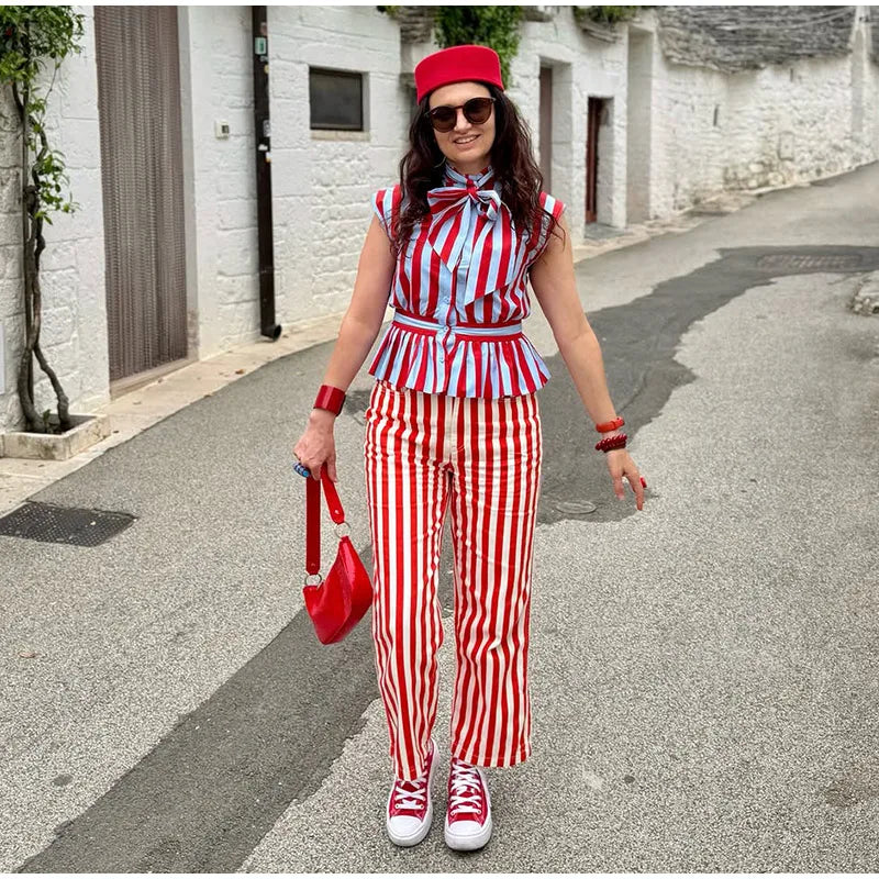 Striped Mandarin Collar Frog Button Ruffle Trim Top Striped Single‑breasted 2026 Summer Women Blouse Versatile Casual Lady Top