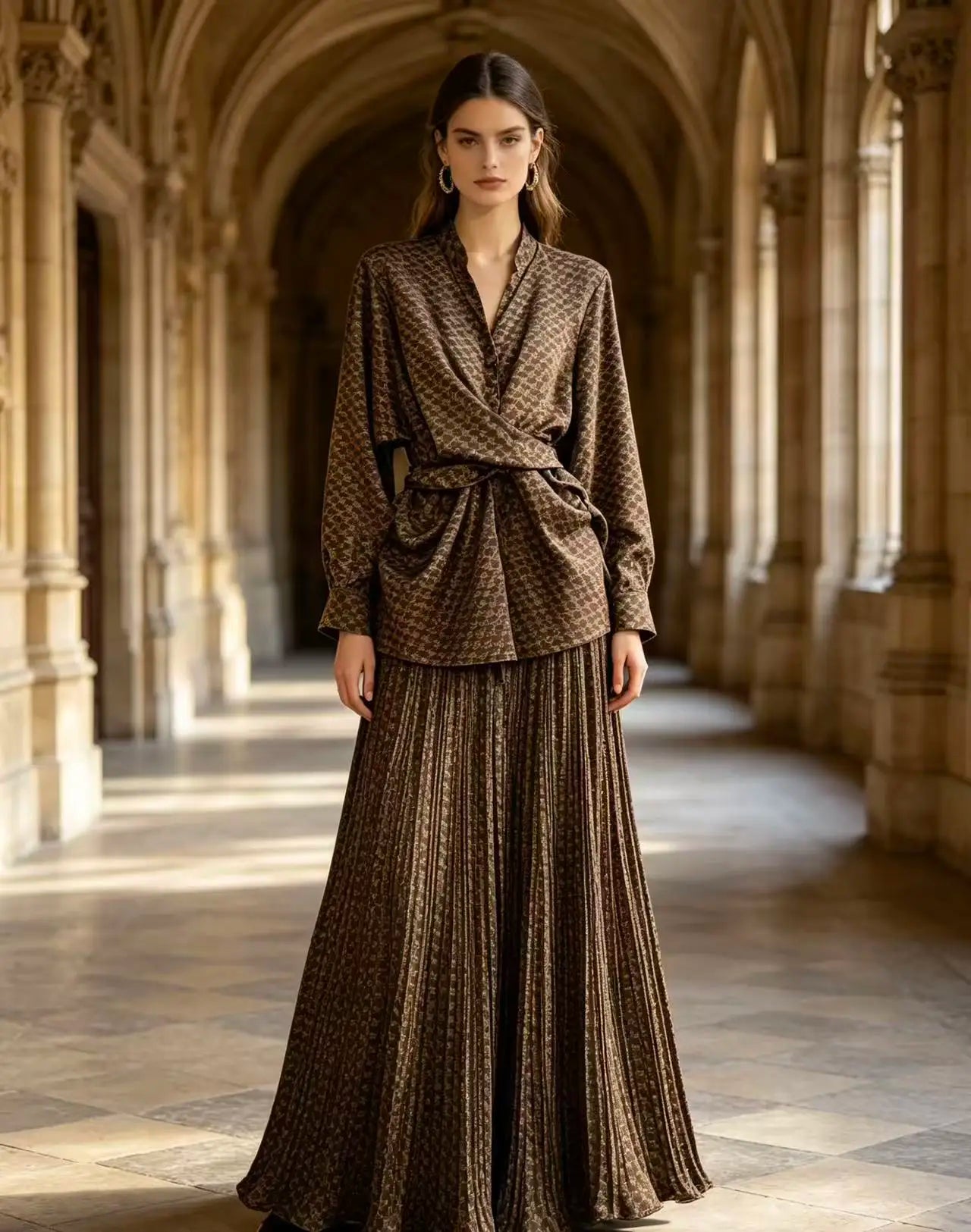 Summer Retro Print For Women Suit Chic and Elegant Outifits Top+High Waist Wide Leg Pleated Long Pants 2 Piece Set 2026