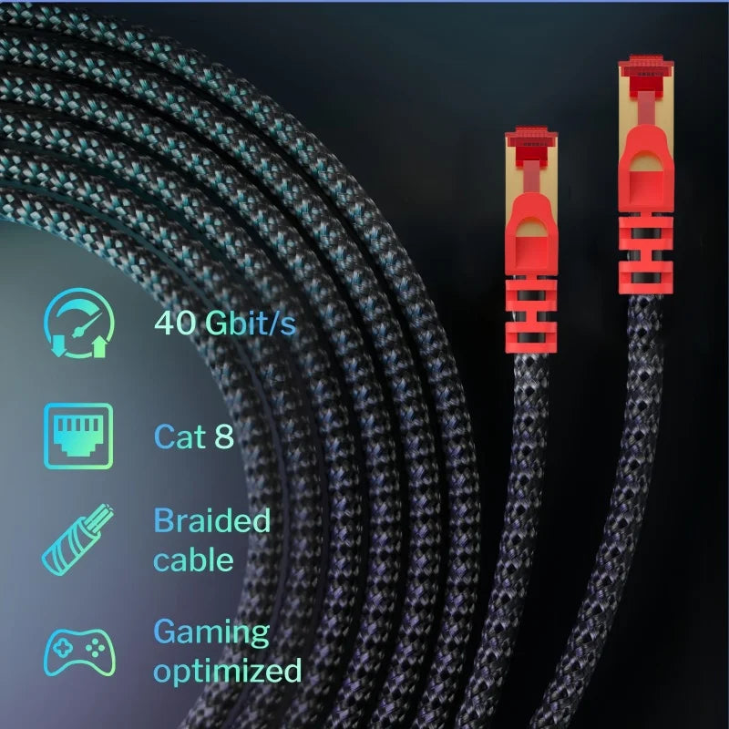Cat 8 Ethernet Cable, High Speed Braided 40Gbps 2000MHz Network Cord RJ45 Cable Compatible for Gaming Cat7 Cat6a Cat6 Cable