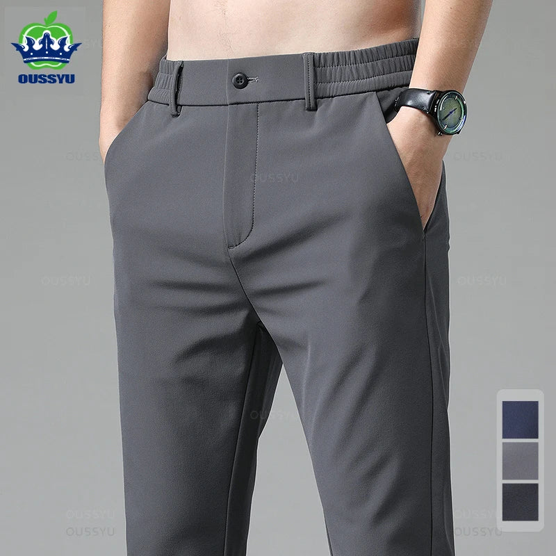 Autumn Winter Casual Pants Men Thick Business Stretch Slim Elastic Waist Jogger Korean Classic Black Gray Blue Trouser Male