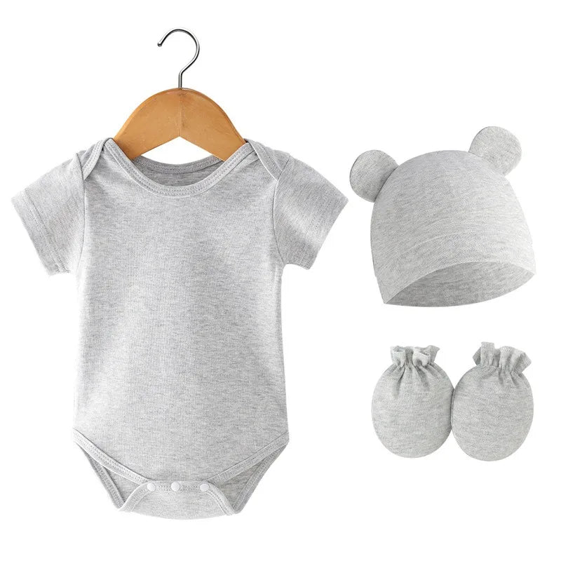 3Pcs Set Newborn Birth Set 2024 Spring Summer Baby Bodysuit Cotton Baby Hat Gloves Soft Baby Rompers Infant Stuff 0 to 3 Months