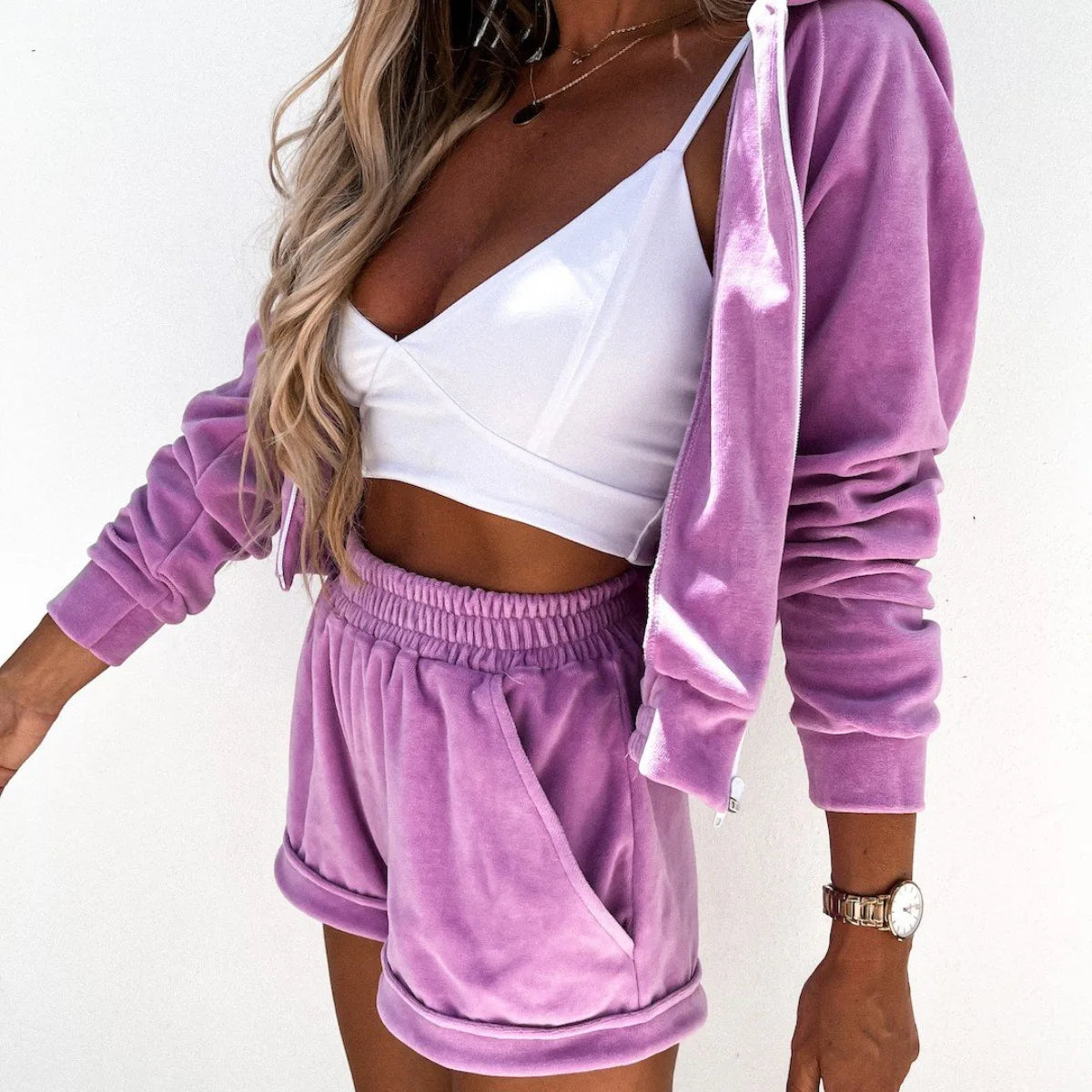 Velvet Sports Style Pant Sets Women Solid Color Hooded Cardigan Shorts Two Piece Set Fashion Casual Female Clothing Streetwear