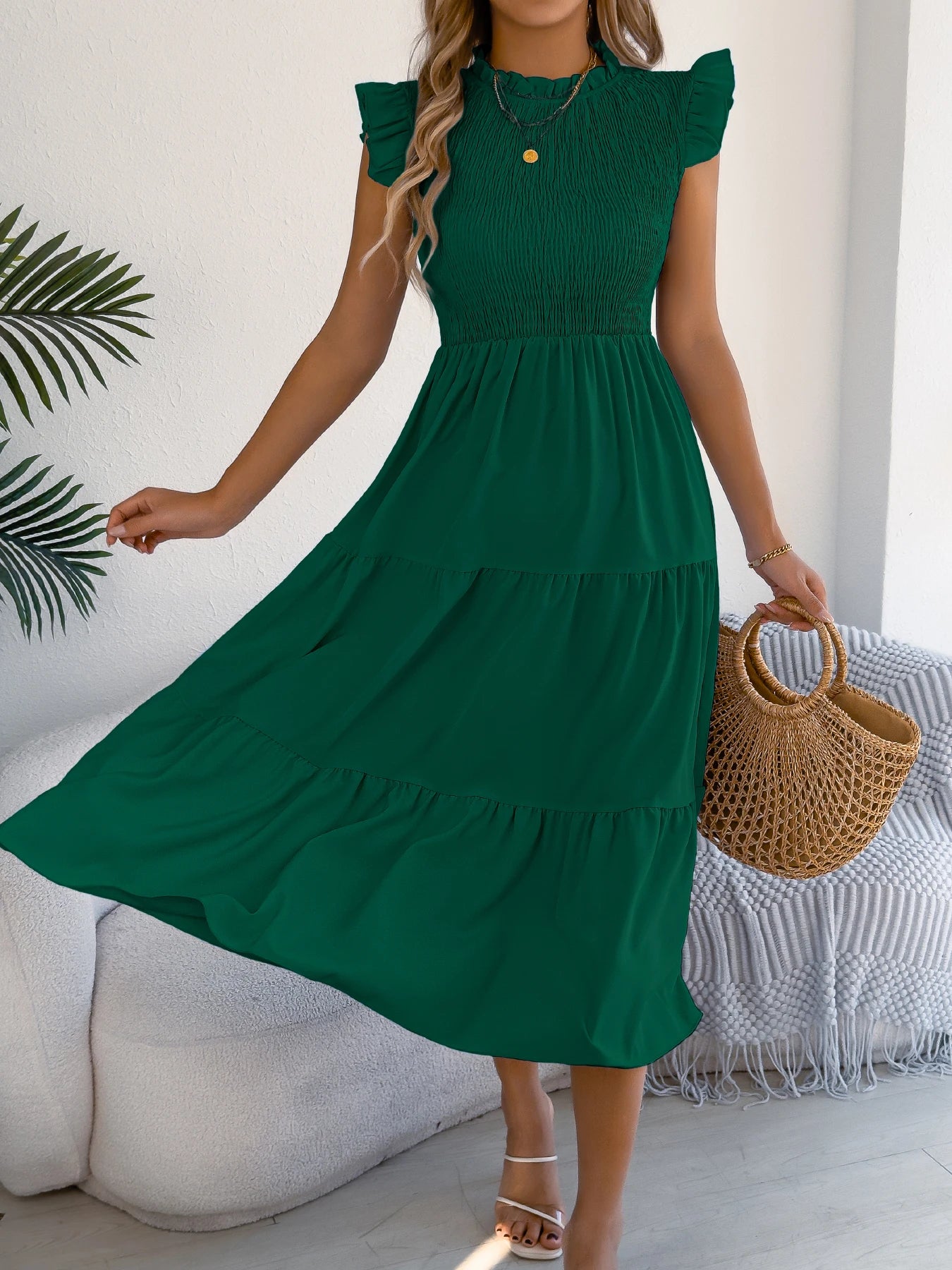 Spring Summer Elegant Ruffled Dresses for Women 2026 Casual Vacation Solid Color Round Neck Sleeveless Long Dress Blue Green
