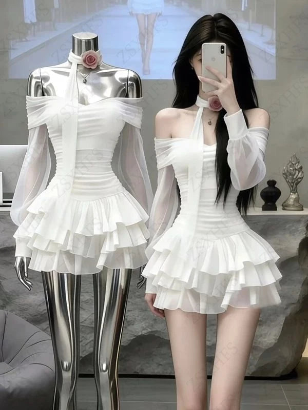 Korea Kawaii Sexy Dresses Punk Aesthetic 2000s Summer Sexy Girl Gentle Dress Chiffon Perspective Trendy Slim Tiered Short Dress