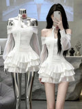 Korea Kawaii Sexy Dresses Punk Aesthetic 2000s Summer Sexy Girl Gentle Dress Chiffon Perspective Trendy Slim Tiered Short Dress