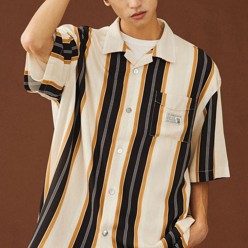 Summer New Turn-down Collar Fashion Short Sleeve Shirt Man High Street Casual Button Cardigan Striped Pockets Patchwork Tops
