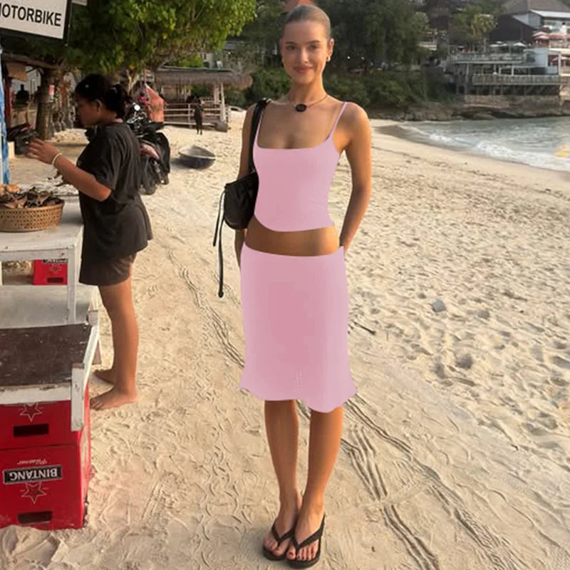 Hugcitar Casual 2 Piece Sets Solid Slips Backless Sexy Crop Camis Top Midi Skirt Women Summer Outfits Party Holiday Club