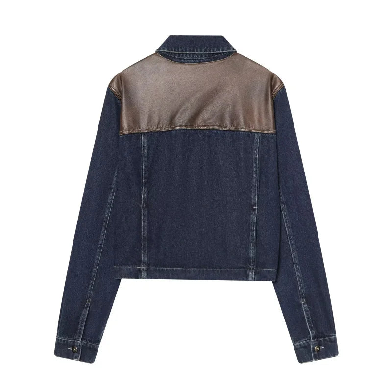 ETJ Women's Denim Jacket & Jeans Set Cropped Leather Patch Oversize Wide Leg Pants Outfit 2026 Fashion Two Piece