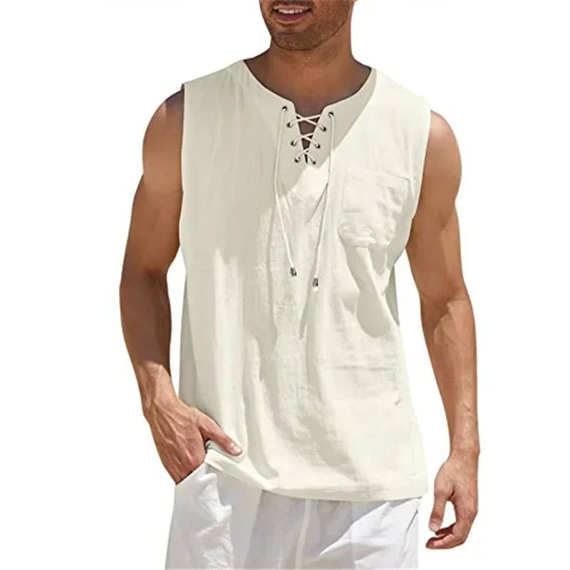 New 2026 Men's Casual Cotton Linen Tank Tops Men Drawstring V Neck Sleeveless Shirts Summer Casual Shirt Gym Fitness Vest Tops