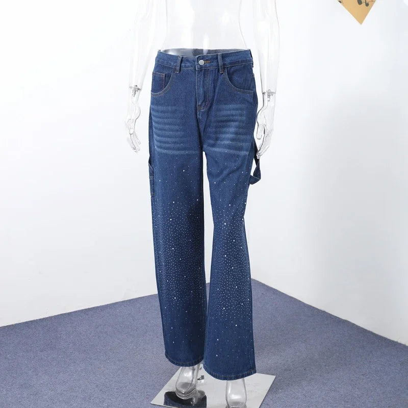 Shiny Rhinestone Baggy Women's Wide Leg Jeans Full Diamond Wide Leg Dragging Denim Pants Vintage Washed Pants Casual Trousers