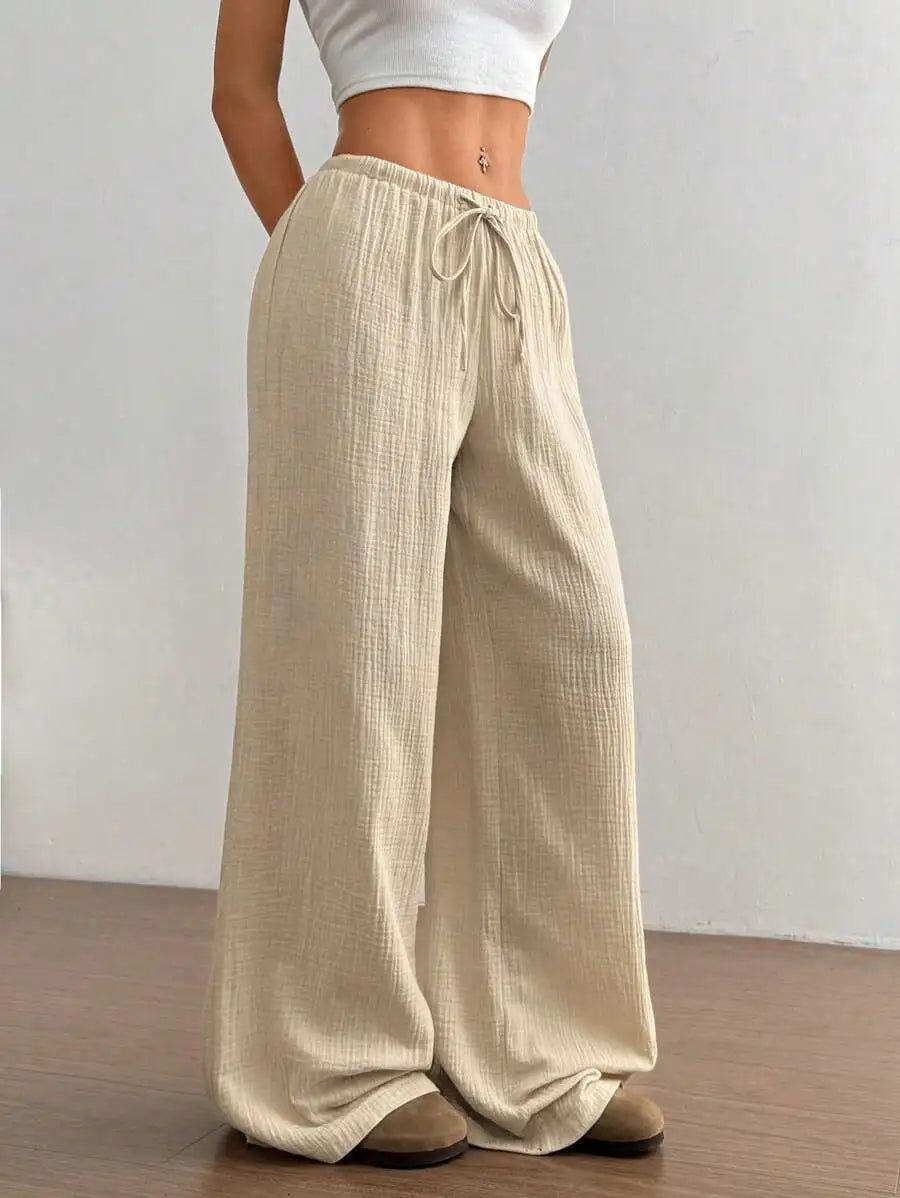 Women's Elegant Versatile Elastic Waist Comfortable Casual Pant Slightly Elastic Simple Solid Color High Waist Wide-leg Pants