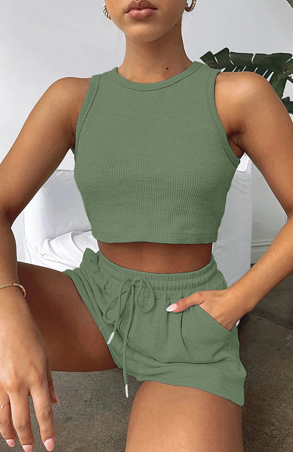 Women Shorts Outfit Solid Sleeveless Ribbed Crop Tank And Drawstring Shorts Casual Tracksuit Workout Set 2 Piece Lounge Set