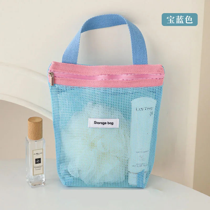 Women's Color-Block Mesh Makeup Bag with Top Handle and Cute Patch Small Cosmetic Pouch for Daily Travel Essentials Storage