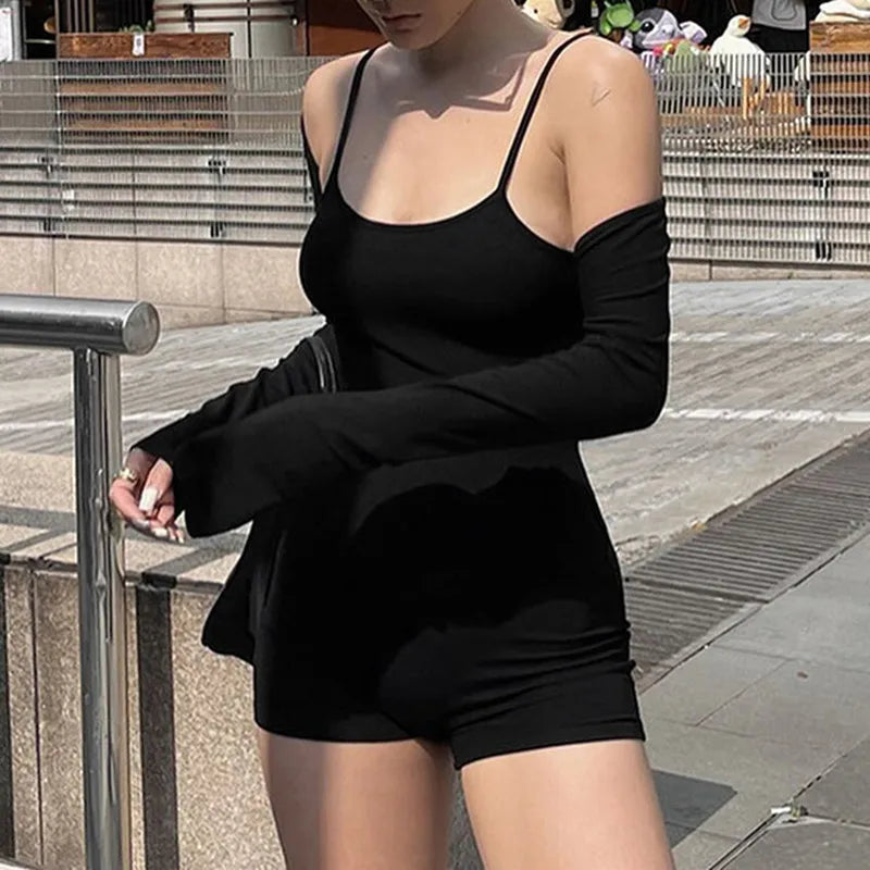 2026 New Fashionable Solid Color Slim Fit Sports Casual Style Suspender Shorts One-piece Set for Women