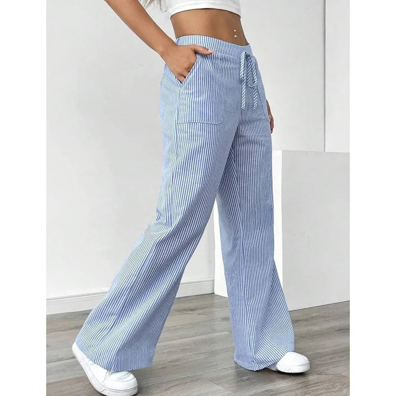 American Style Retro Vertical Stripe Drawstring Wide Leg Pants High Waist Dipping Loose Straight Casual Pants