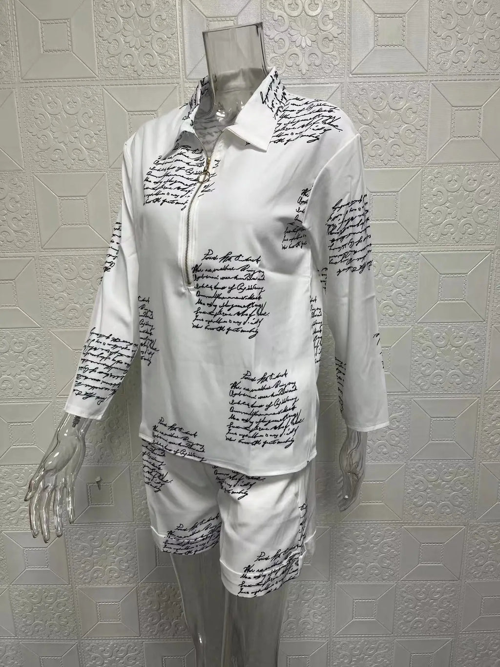 Summer Women's Letter Print Shirts Two Piece Sets Casual Turn-down Neck Long Sleeve Zipper Blouses Shorts Suits Loose Streetwear