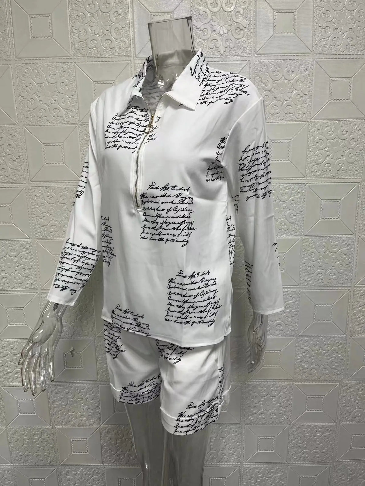 Summer Women's Letter Print Shirts Two Piece Sets Casual Turn-down Neck Long Sleeve Zipper Blouses Shorts Suits Loose Streetwear